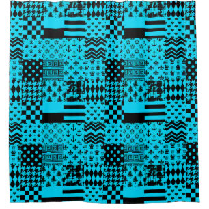 Blue Black Mixed Patterns Patchwork Design Shower Curtain