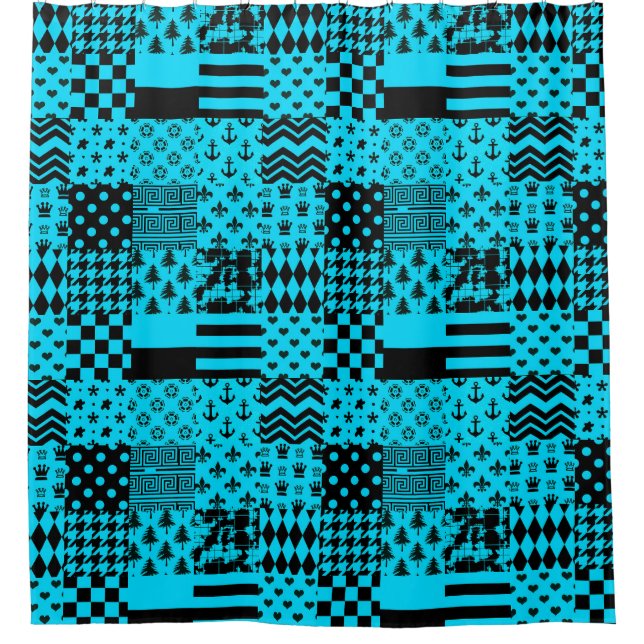 Blue Black Mixed Patterns Patchwork Design  Shower Curtain (Front)