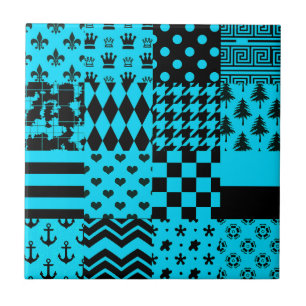 Blue Black Mixed Patterns Patchwork Design  Tile