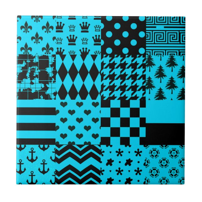 Blue Black Mixed Patterns Patchwork Design  Tile (Front)