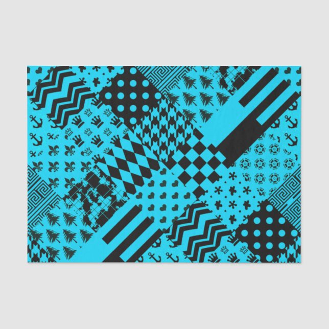 Blue Black Mixed Patterns Patchwork Design  Tissue Paper (Front)