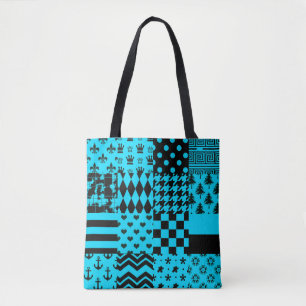 Blue Black Mixed Patterns Patchwork Design  Tote Bag