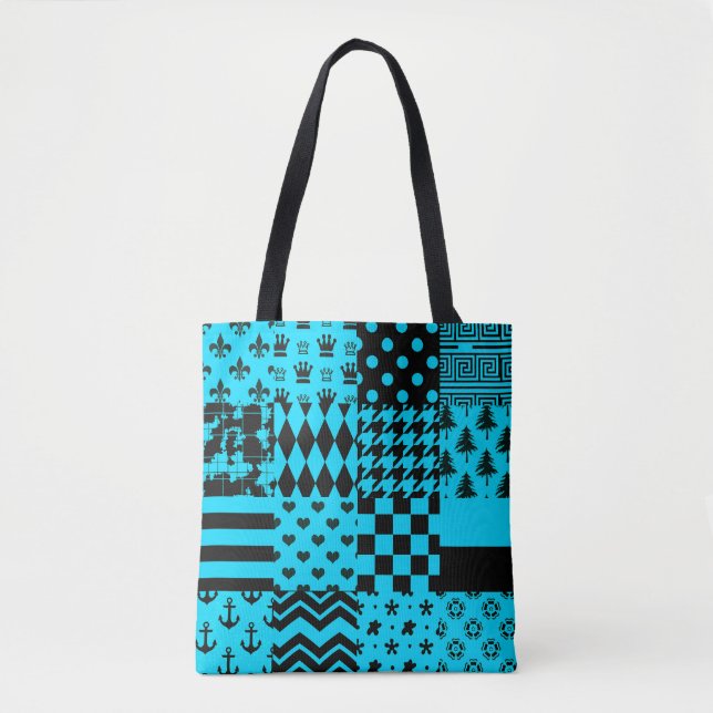 Blue Black Mixed Patterns Patchwork Design  Tote Bag (Front)