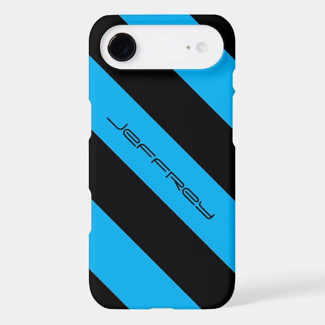 Blue & Black Modern Diagonal Stripe Custom w/Name Case-Mate iPhone Case (Back)