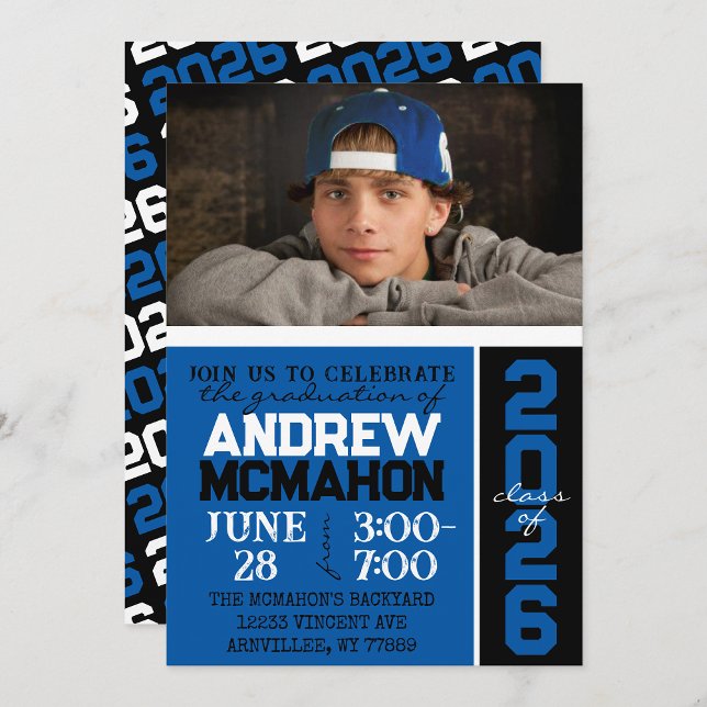 Blue & Black Modern Graduation Photo Invitation (Creator Uploaded)