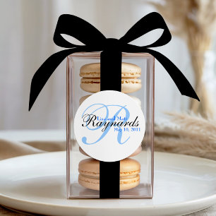 Blue Black Monogram Wedding Classic Round Sticker