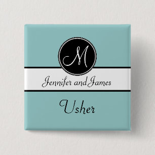 Blue Black Monogram Wedding Usher Button