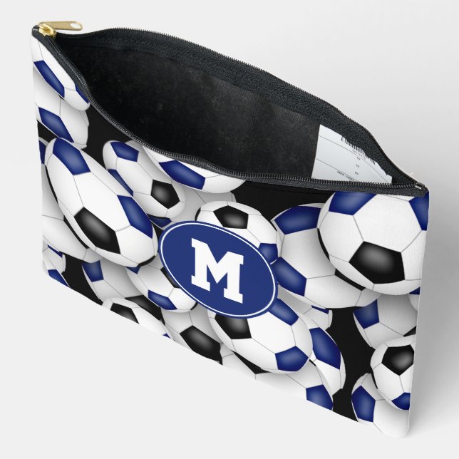 blue black monogrammed soccer balls pattern  accessory pouch (Open)