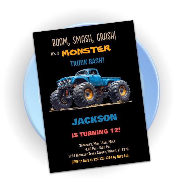 Blue Black Monster Truck Birthday Invitations (Blue Black Monster Truck Birthday Invitations)