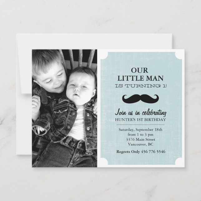 Blue & Black Moustache Photo First Birthday Invite (Front)