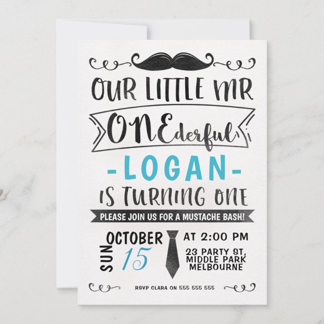 Blue Black Mr ONE-derful Birthday Invitation (Front)