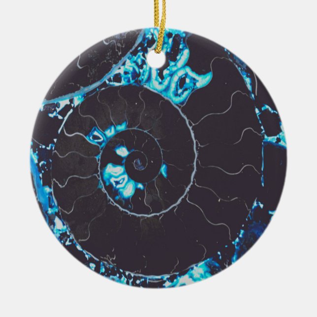 Blue black Nautilus shell pattern, scared geometry Ceramic Tree Decoration (Front)