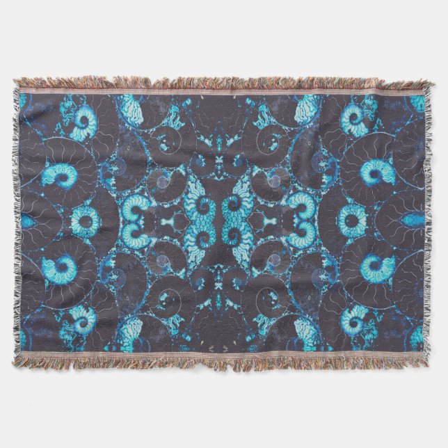 Blue black Nautilus shell pattern scared geometry Throw Blanket (Front)