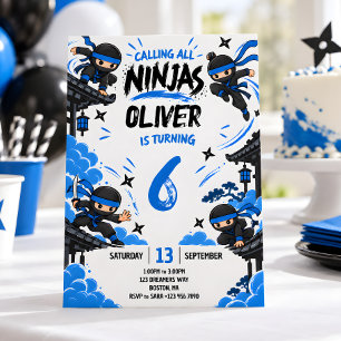 Blue & Black Ninja Any Age Kids Birthday Party Invitation