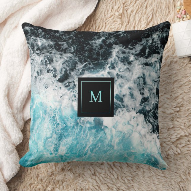 Blue Black Ocean Waves Hawaii Monogram Cushion (Blanket)