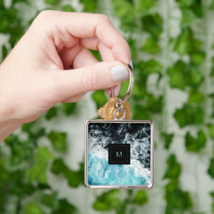 Blue Black Ocean Waves Hawaii Monogram Key Ring