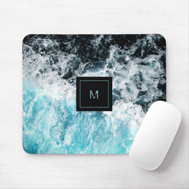 Blue Black Ocean Waves Monogram Mouse Mat (With Mouse)