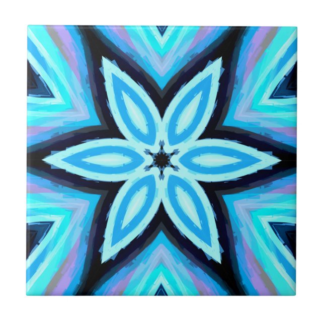 Blue Black Painted Floral Pattern Tile (Front)