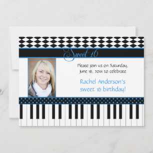 Blue Black Piano Theme Sweet 16 Birthday Invitation