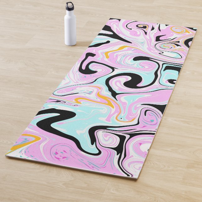 Blue, Black Pink Marble Swirls Fluid Art Yoga Mat (In Situ)