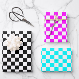 Blue Black Pink Retro Chess Chequered Pattern Wrapping Paper Sheet