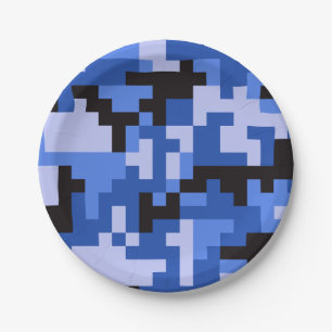 Blue Black Pixel Army Camo Camouflage Pattern Paper Plate