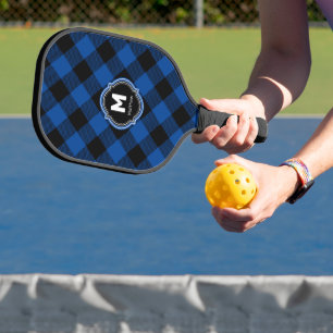 Blue Black Plaid Monogram Name Pickleball Paddle