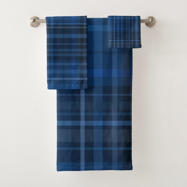 Blue Black Plaid Pattern Bath Towel Set (Insitu)