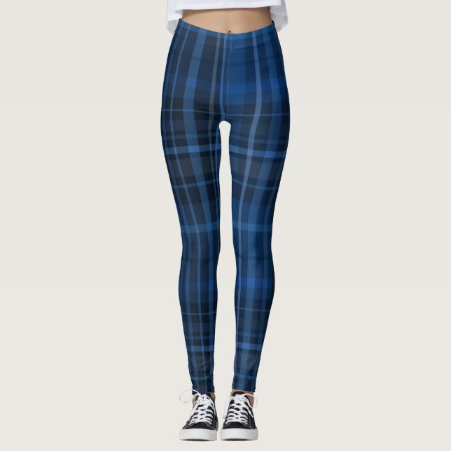 Blue Black Plaid Pattern Leggings (Front)