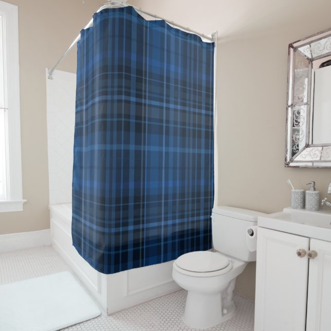 Blue Black Plaid Pattern Shower Curtain (In Situ)