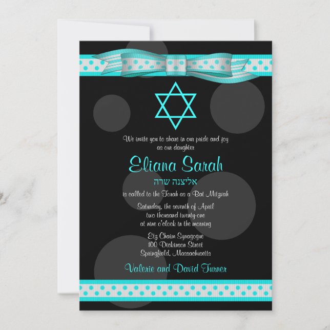 Blue Black Polka Dot Ribbon Bat Mitzvah Invitation (Front)