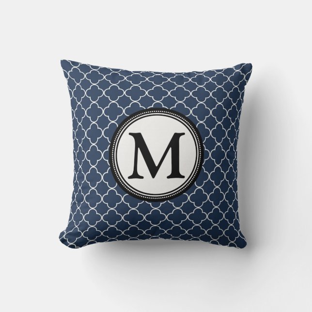 Blue Black Quatrefoil Monogram Decorative Pillow (Front)