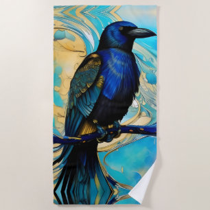 Blue Black Raven, blue and gold abstract Beach Towel