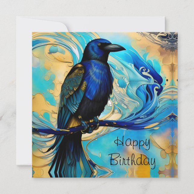 Blue Black Raven, blue and gold abstract Birthday (Front)