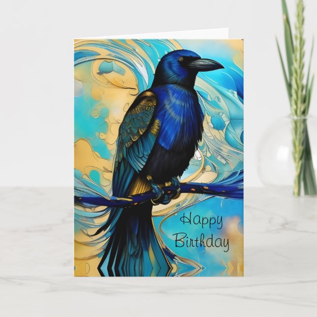 Blue Black Raven, blue and gold abstract Birthday Note Card (Front)