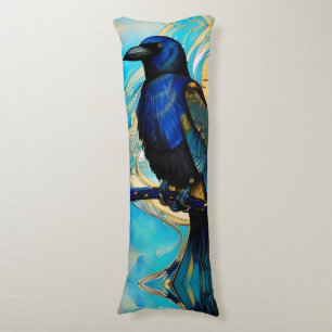 Blue Black Raven, blue and gold abstract Body Cushion