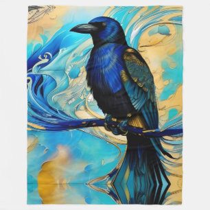 Blue Black Raven, blue and gold abstract Fleece Blanket