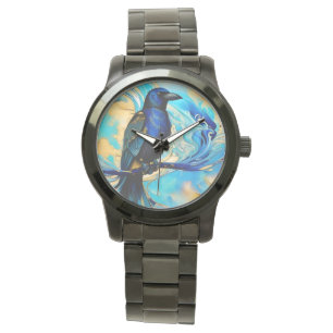 Blue Black Raven, blue and gold abstract Watch