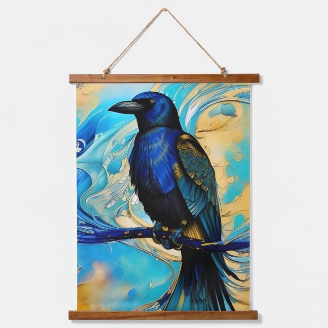 Blue Black Raven on blue and gold abstract Hanging Tapestry (Front)