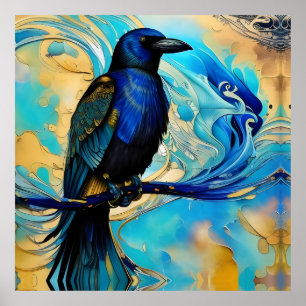 Blue Black Raven on blue and gold abstract Poster