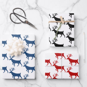 Blue Black & Red Woodland Stag White Wrapping Paper Sheet