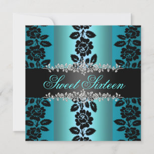 Blue & Black Rose Sweet 16 Birthday Invite