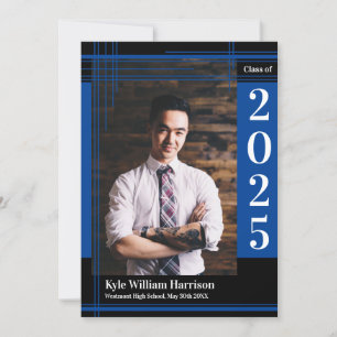 Blue Black School Color Graduation Photo Plaid Invitation