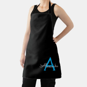 Blue Black Script Girly Monogram Name Apron