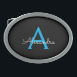 Blue Black Script Girly Monogram Name Belt Buckle<br><div class="desc">Black and Blue Simple Script Monogram Name Belt Buckle. This makes the perfect graduation,  sweet 16 16th,  18th,  21st,  30th,  40th,  50th,  60th,  70th,  80th,  90th,  100th birthday,  wedding,  bridal shower,  anniversary,  baby shower or bachelorette party gift for someone that loves glam luxury and chic styles.</div>
