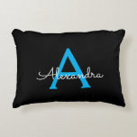 Blue Black Script Girly Monogram Name Decorative Cushion<br><div class="desc">Black and Blue Script Monogram Name and Initial Pillow. The pillow makes the perfect sweet 16 birthday,  wedding,  bridal shower,  baby shower or bachelorette party gift for someone decorating her room in rose gold.</div>
