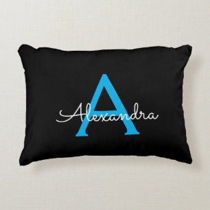 Blue Black Script Girly Monogram Name Decorative Cushion