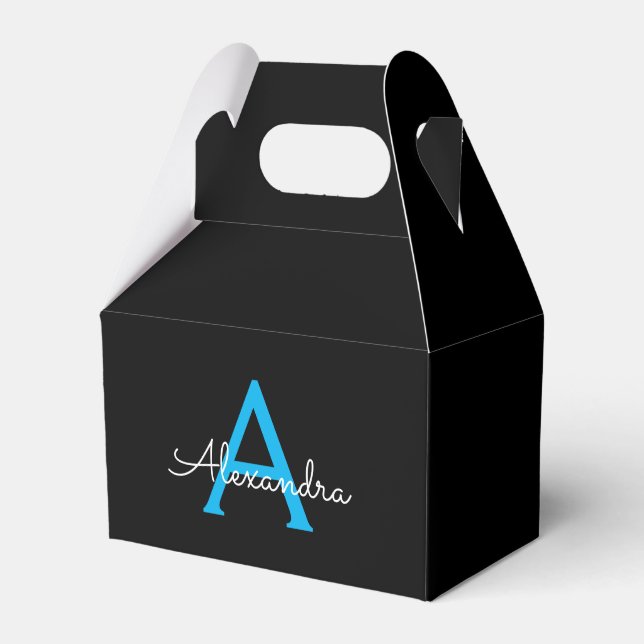 Blue Black Script Girly Monogram Name Favour Box (Front Side)