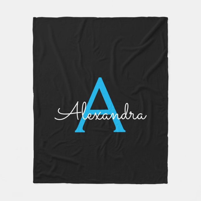 Blue Black Script Girly Monogram Name Fleece Blanket (Front)