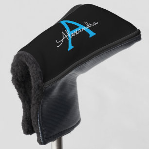 Blue Black Script Girly Monogram Name Golf Head Cover